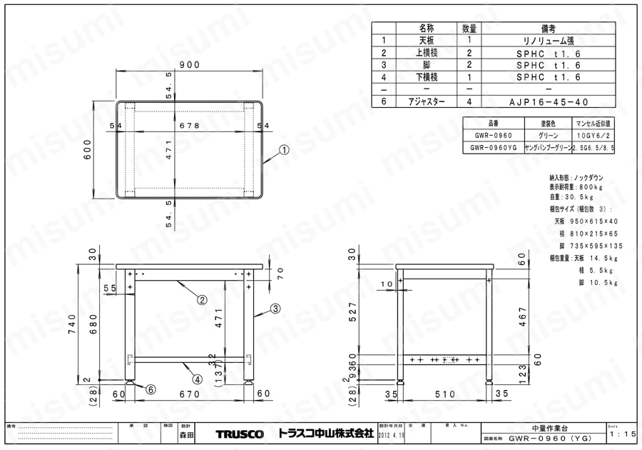 中量作業台（基本タイプ） GWR-0960/GWR-0960YG図面