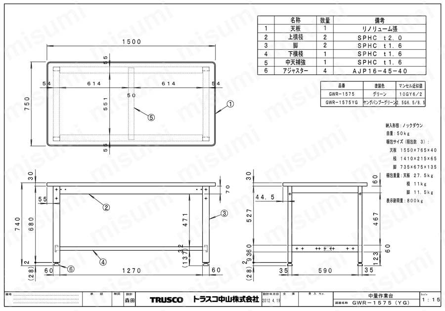 中量作業台（基本タイプ） GWR-1575/GWR-1575YG図面