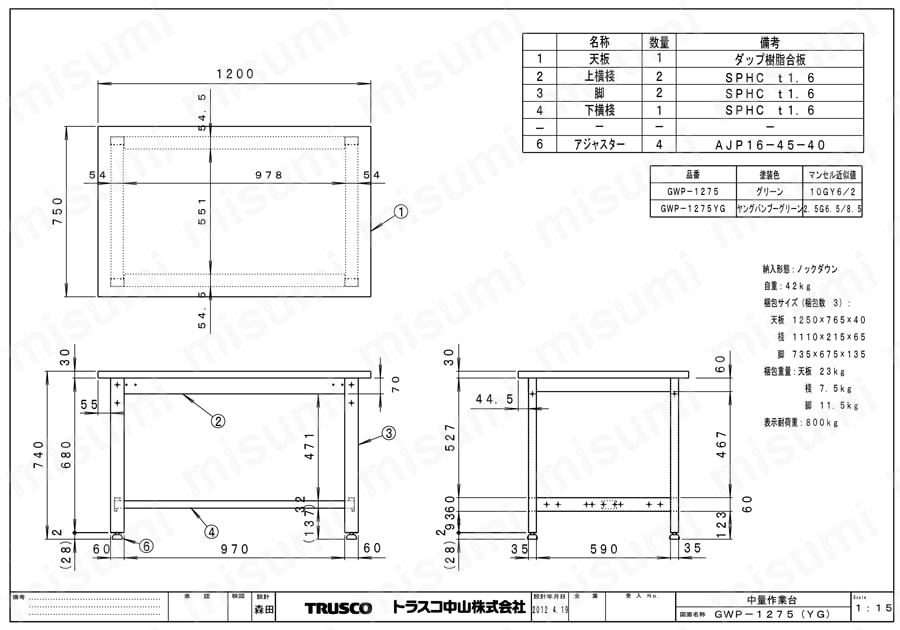 中量作業台（基本タイプ） GWP-1275/GWP-1275YG図面