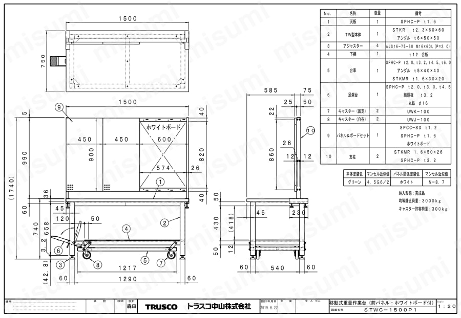 移動式重量作業台(前パネル・ホワイトボード付) STWC-1500P1図面