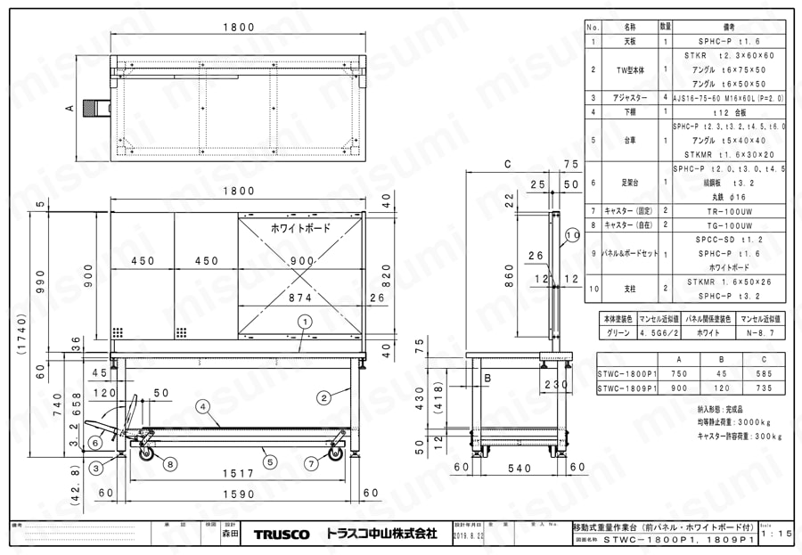 移動式重量作業台(前パネル・ホワイトボード付) STWC-1800P1/STWC-1809P1図面