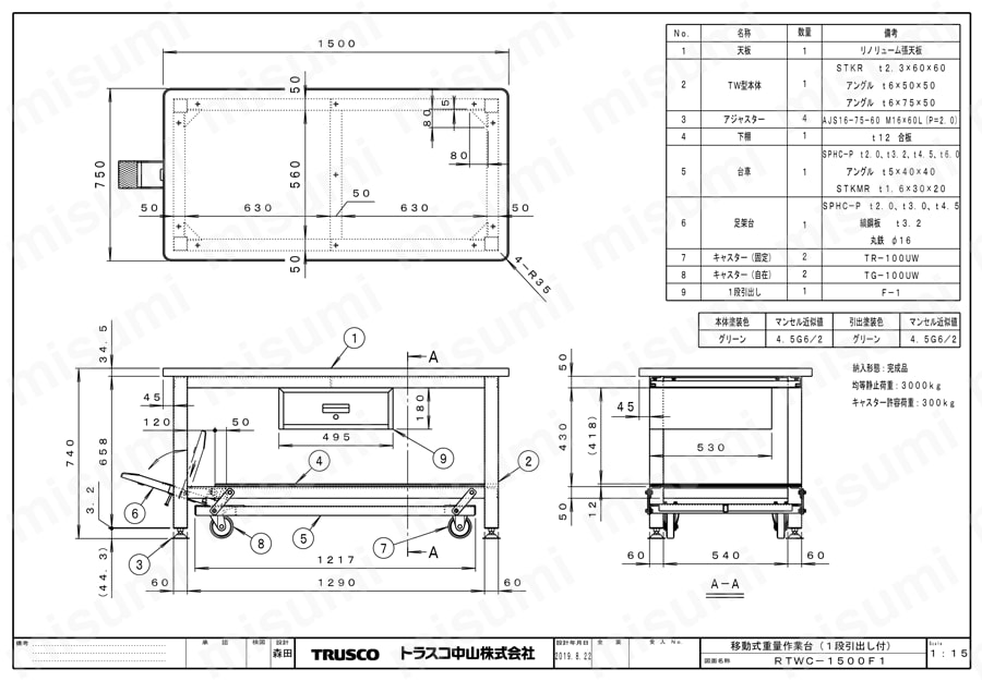 移動式重量作業台（1段引出し付） | トラスコ中山 | MISUMI(ミスミ)