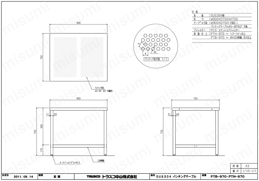 オールステンレスパンチング作業台(H型枠タイプ・パンチングパネルタイプ天板・SUS304)