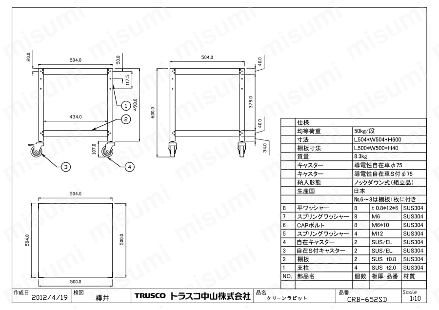 クリーンラビットワゴン （SUS304・導電性ゴム車輪） CRB-652SD図面