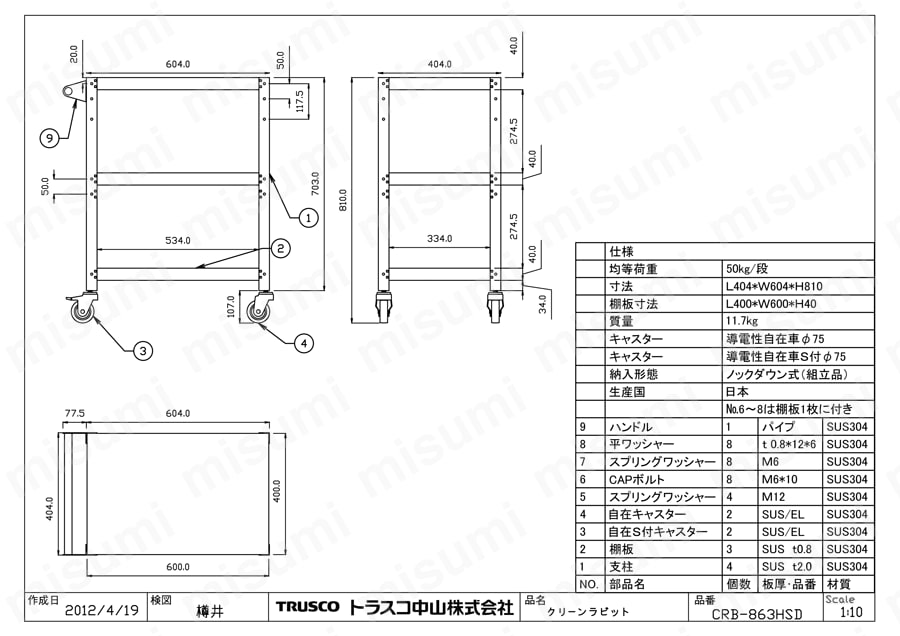 クリーンラビットワゴン （SUS304・導電性ゴム車輪） CRB-863HSD図面