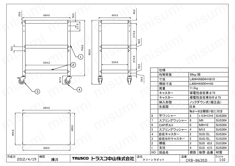 クリーンラビットワゴン （SUS304・導電性ゴム車輪） CRB-863SD図面