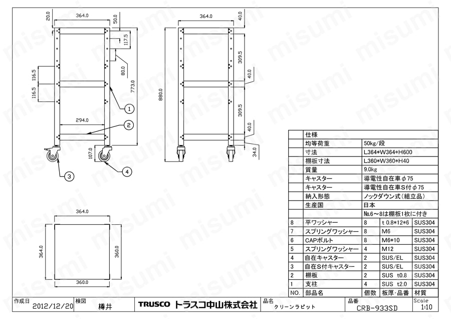 クリーンラビットワゴン （SUS304・導電性ゴム車輪） CRB-933SD図面