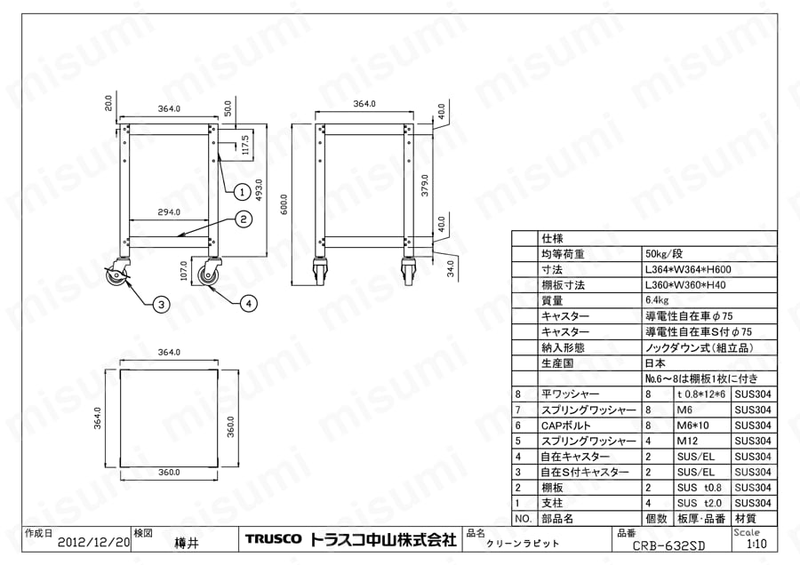 クリーンラビットワゴン （SUS304・導電性ゴム車輪） CRB-632SD図面