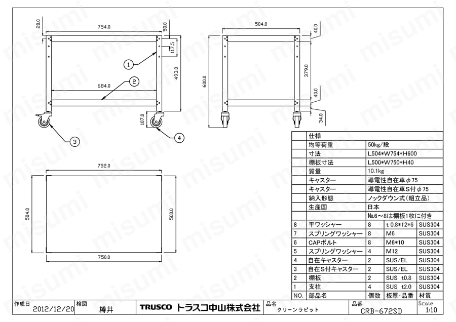 クリーンラビットワゴン （SUS304・導電性ゴム車輪） CRB-672SD図面