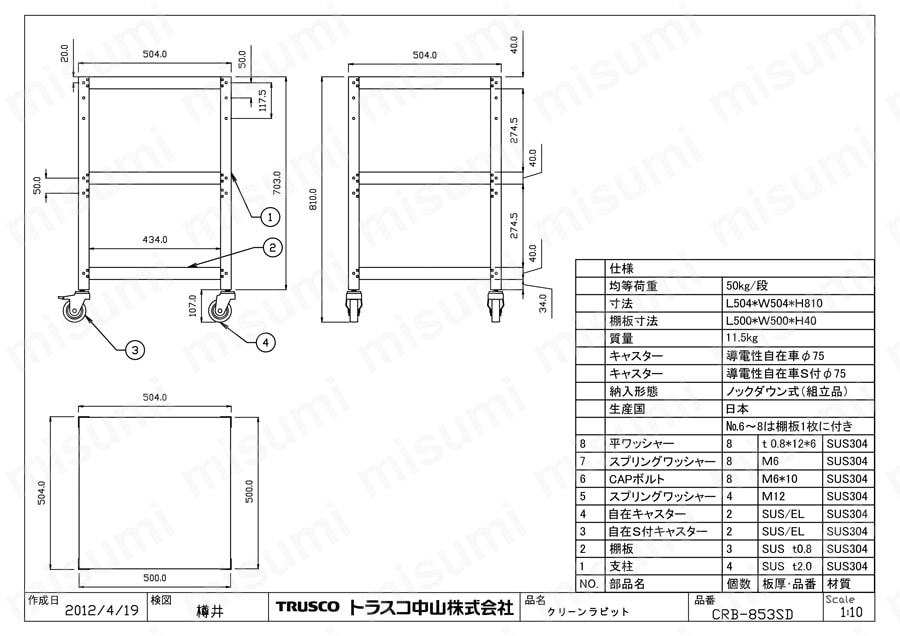 クリーンラビットワゴン （SUS304・導電性ゴム車輪） CRB-853SD図面