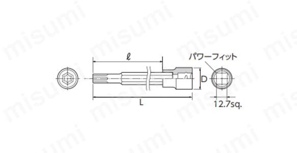 12.7sq.ロングT型トルクスビットソケットの寸法図