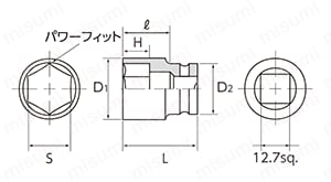 インパクトレンチ用ソケット（ピン・リング付） 差込角12.7mm 外形図01