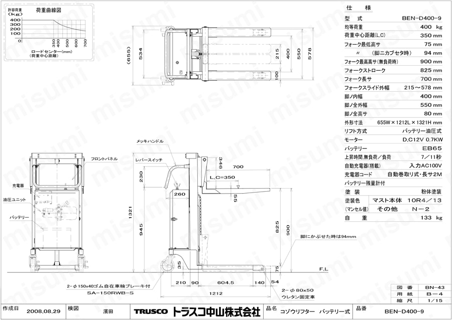 コゾウリフター バッテリー油圧式 BEN-D400-9図面