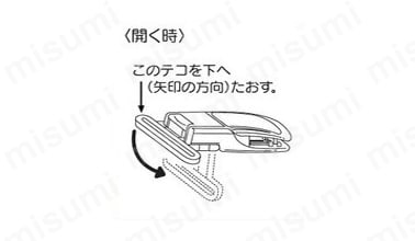 （開く時）このテコを下へ（矢印の方向）たおす。