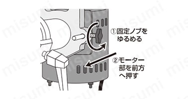 本体右側側面にある固定ノブをゆるめてベルトの張りを弱める。