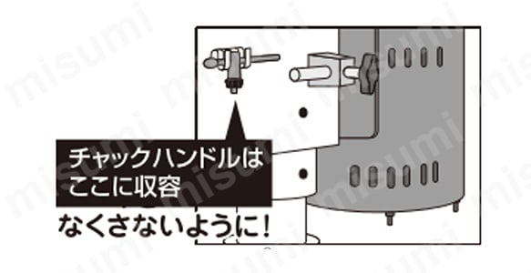 同じように残り二つの穴にもチャックハンドルを差し込み締め付けてください。三カ所の穴すべてを均等にしっかりと締め付けてください。取り外す場合はドリルチャックの穴にチャックハンドルを差し込み、反時計回り（左回り）に回してドリルチャックをゆるめてキリを外してください。