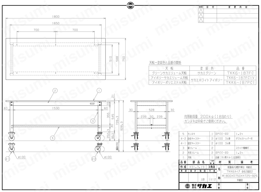 軽量高さ調整作業台TKKタイプ 移動式 TKK6-187FC/TKK6-187FCIV/TKK6-187PCI図面