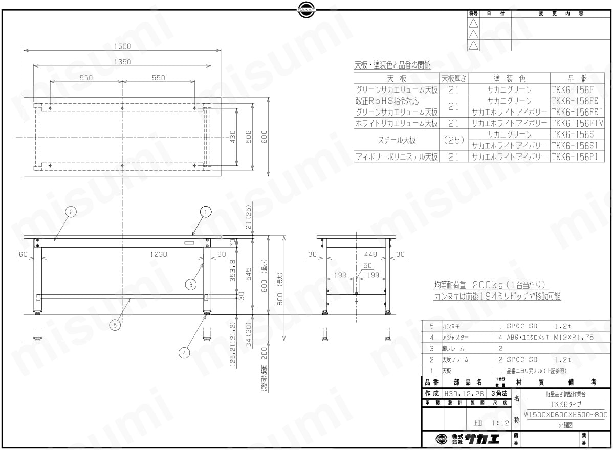 TKK6-126PI | 軽量高さ調整作業台TKK6タイプ | サカエ | MISUMI(ミスミ)