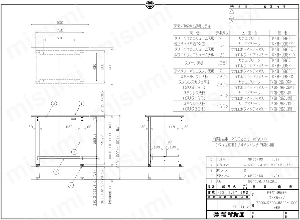 サカエ 軽量高さ調整作業台TKK8タイプ | サカエ | MISUMI(ミスミ)