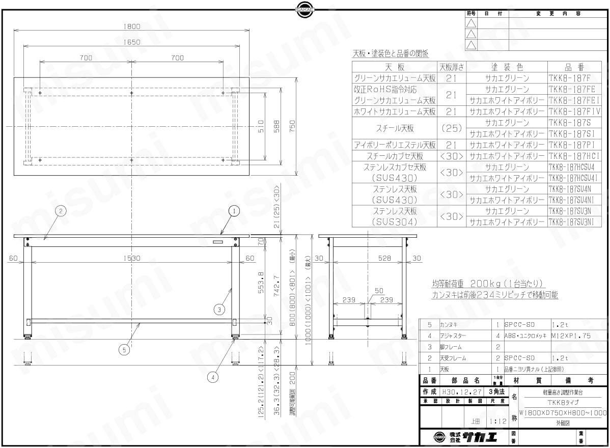 サカエ 軽量高さ調整作業台TKK8タイプ | サカエ | MISUMI(ミスミ)