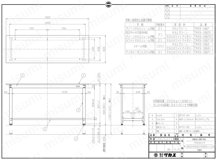 軽量高さ調整作業台TKK9タイプ TKK9-186図面