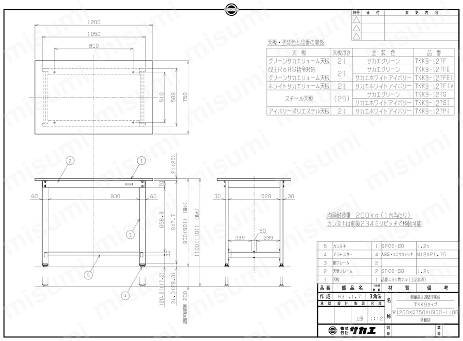 軽量高さ調整作業台TKK9タイプ TKK9-127図面