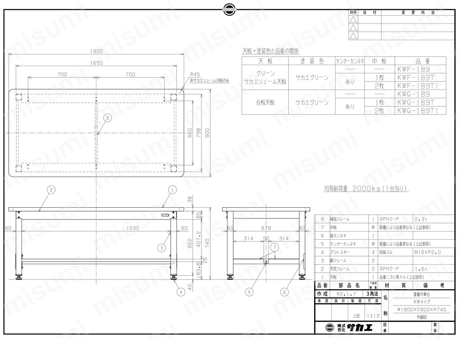 重量作業台KWタイプ 中板2枚付 KWF-189T1/KWG-189T1図面
