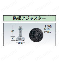 防振アジャスター アジャスター: AJ-1L・φ60（直径60mm）  独自の技術で開発された防振アジャスター。強度な衝撃や振動を吸収。 　 ネジ径: M16×P2.0