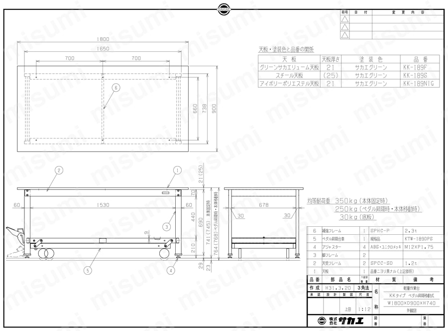 軽量作業台KKタイプ ペダル昇降移動式 | サカエ | MISUMI(ミスミ)