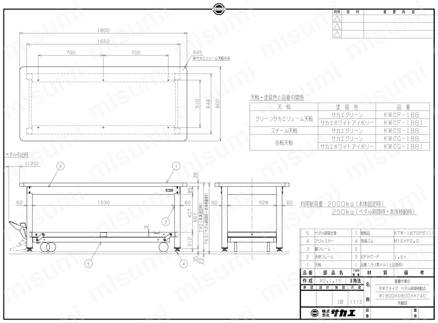 重量作業台KWCタイプ ペダル昇降移動式 KWCF-188/KWCG-188/KWCS-188図面