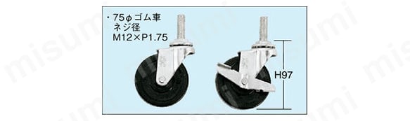 キャスター:φ75（直径75mm）ゴム車 ネジ径M12×P1.75