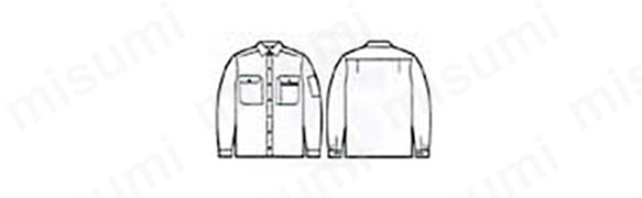 44104 製品制電長袖シャツ（春夏用）の外形図 使用素材: ソフトサマーツイル（ポリエステル65％ 綿35％） ポケット: 樹脂ファスナー ボタン: 樹脂ボタン