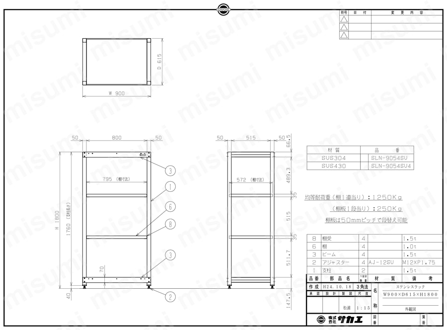 ステンレスラック SLNシリーズ SLN-9054SU/SLN-9054SU4図面