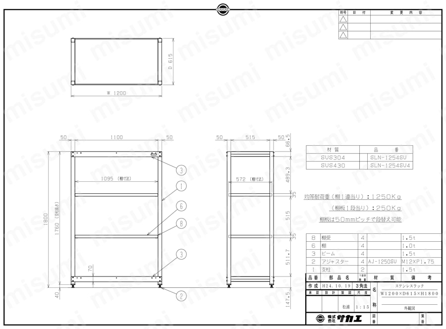 ステンレスラック SLNシリーズ SLN-1254SU/SLN-1254SU4図面