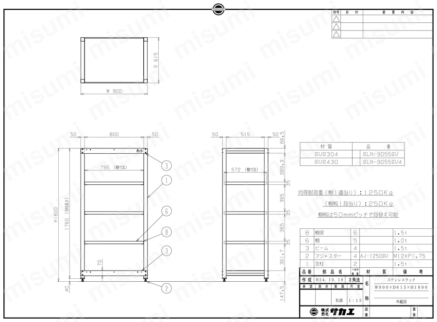 ステンレスラック SLNシリーズ SLN-9055SU/SLN-9055SU4図面