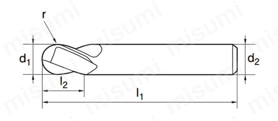 汎用ボールエンドミル レギュラ 2枚刃 3679の寸法図 