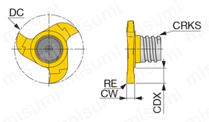ヘッド交換式エンドミルTungMeister用 溝入れ加工用カッタヘッド VST形 VST**-3...  3枚刃、溝加工用外形図