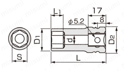 インパクト用超ロングソケット4NV-L100 寸法図