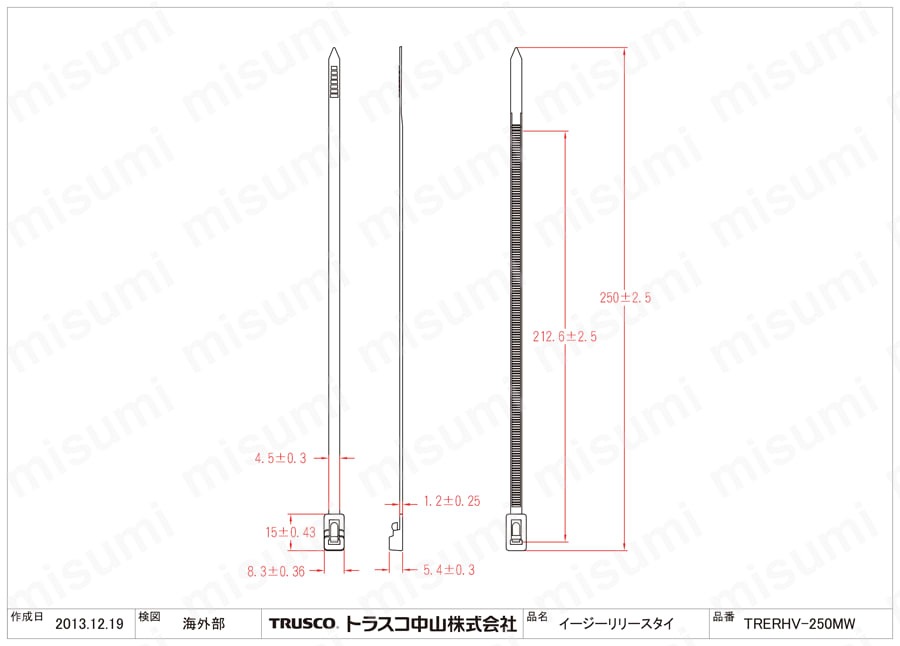 ケープルタイ イージーリリースタイ（耐候性タイプ） TRERHV-250MW図面