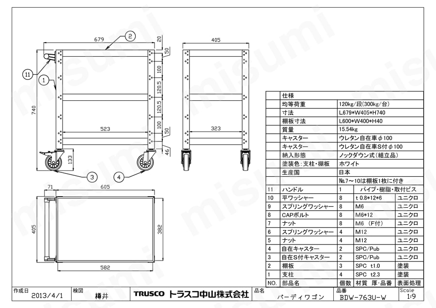 バーディワゴン（ウレタンキャスター） BDW-763U-W図面