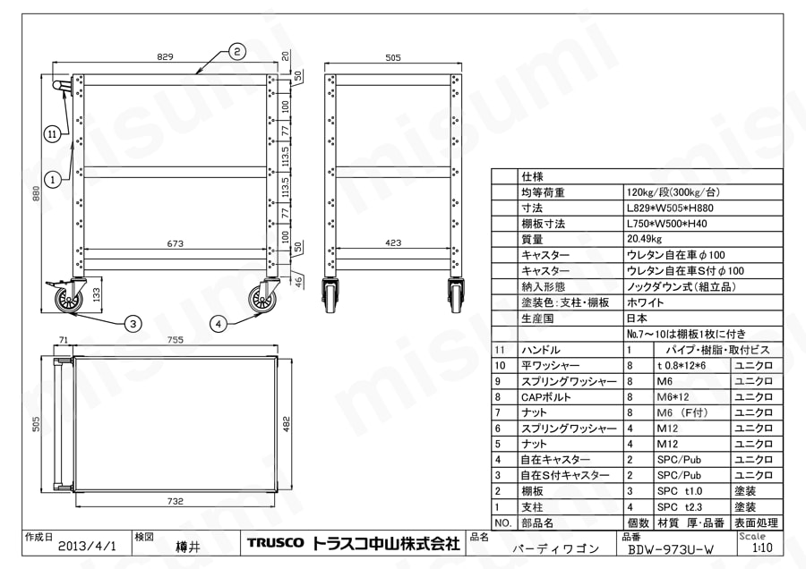 バーディワゴン（ウレタンキャスター） BDW-973U-W図面