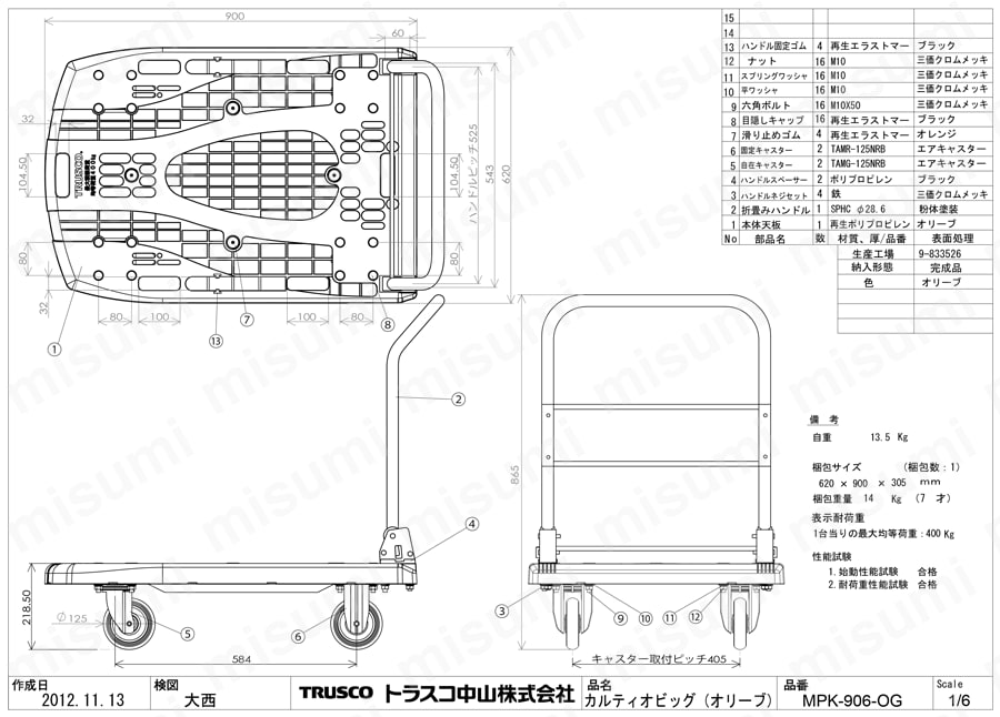 大型樹脂製運搬車 カルティオビッグ （折りたたみハンドルタイプ） MPK-906-OG図面