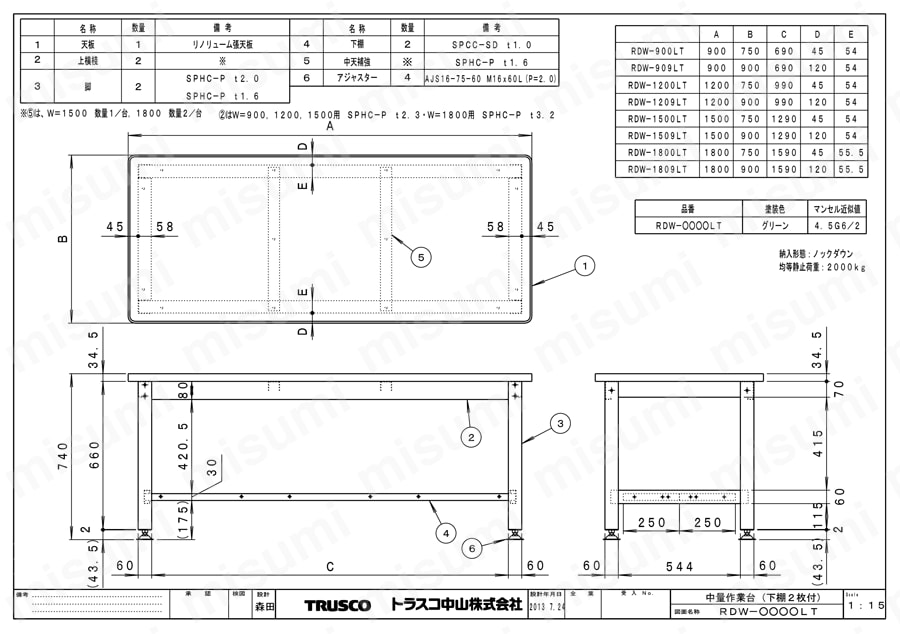 中量作業台（下棚2枚付） RDW図面