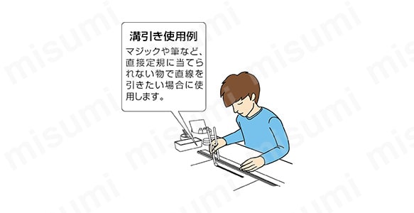 溝引き使用例 マジックや筆など、直接定規に当てられない物で直線を引きたい場合に使用する溝引き付