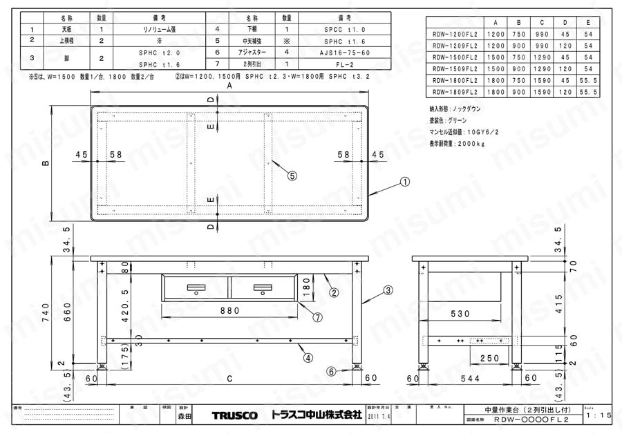 中量作業台（2列引出し付） RDW図面