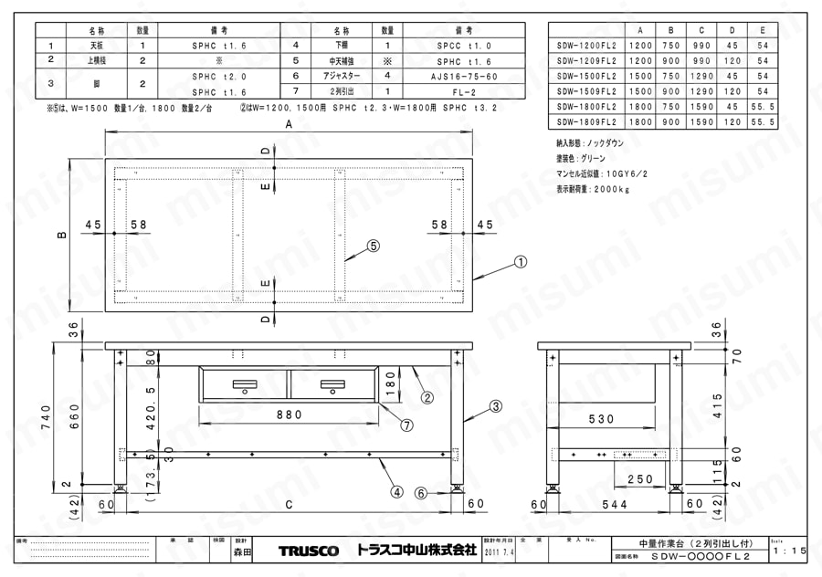 中量作業台（2列引出し付） SDW図面