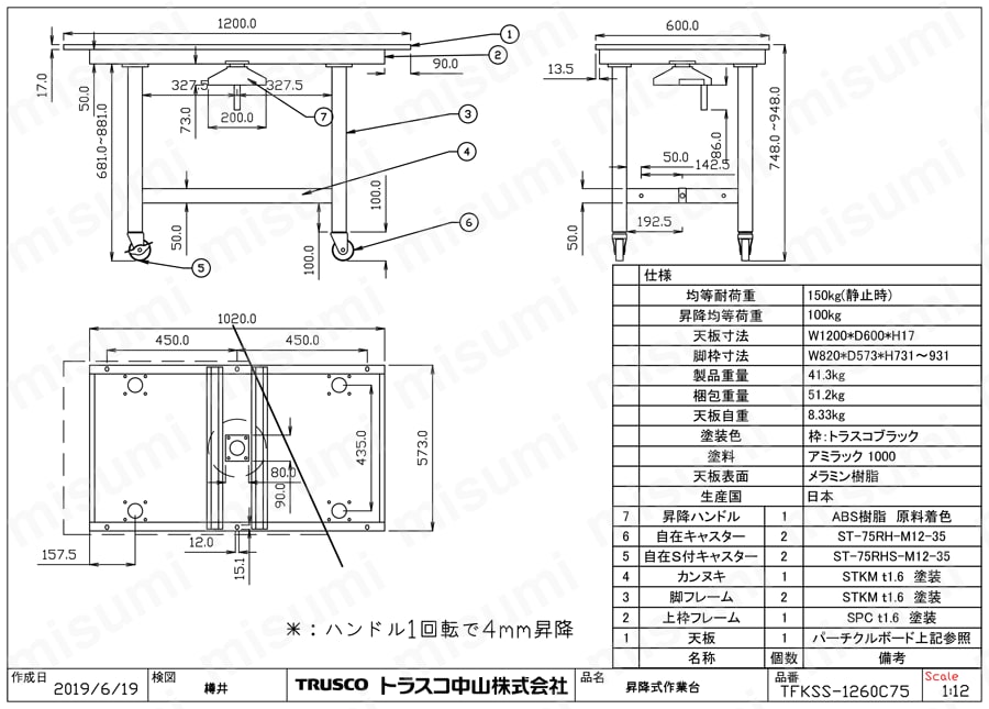 ハンドル昇降式作業台 車輪付 （75MMゴムキャスター付） | トラスコ