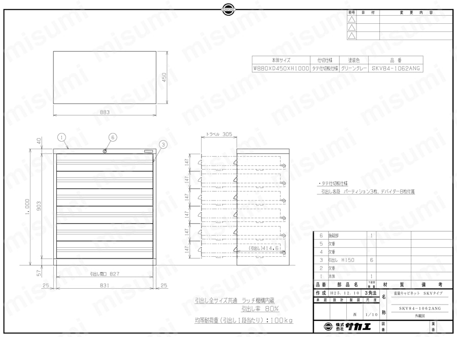 重量キャビネット SKVタイプ W880×D450×H1000mm SKV84-1062ANG図面