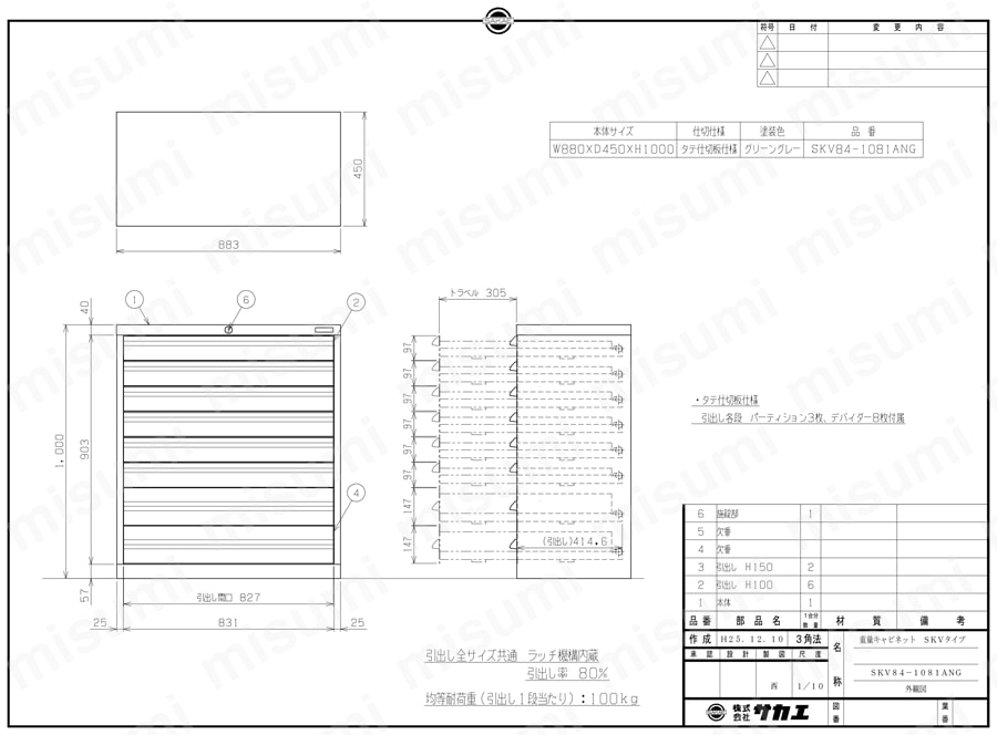 重量キャビネット SKVタイプ W880×D450×H1000mm SKV84-1081ANG図面