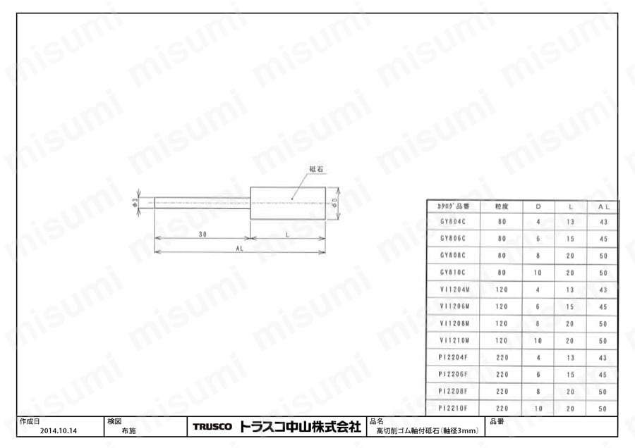 高切削ゴム軸付砥石（軸径3mm）【10個入り】  図面